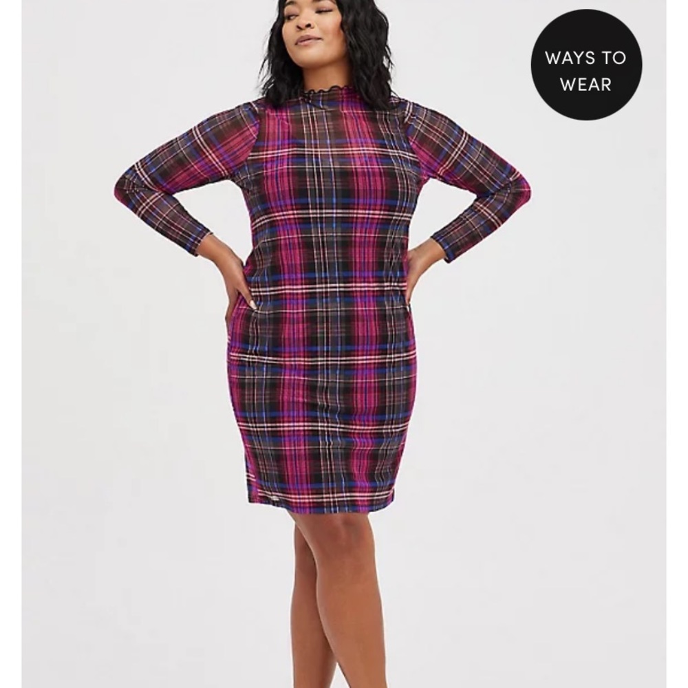 Torrid Unlined Pink Plaid Sheer Mesh Mock Neck Long Sleeve Mini Dress NWT